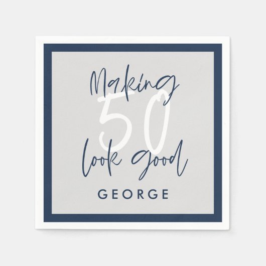 50e verjaardag Modern grijs + marineblauw fotofees Servet (Voorkant)