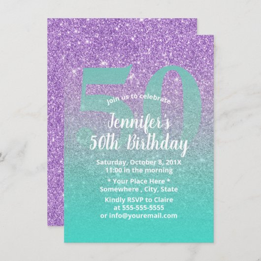 50e verjaardag Modern Paars en Blauwgroen Glitter Kaart (Voorkant / Achterkant)