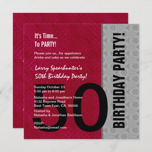 50e verjaardag Modern Red Silver Black C947 Kaart (Voorkant / Achterkant)