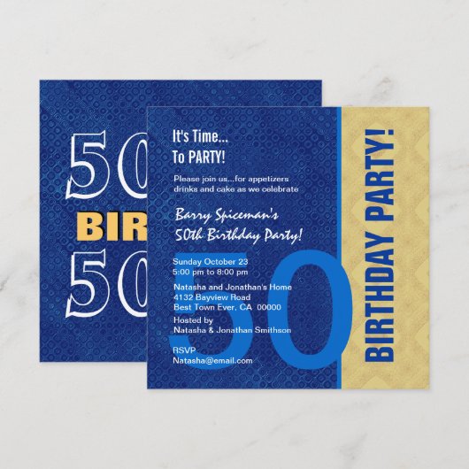 50e verjaardag Modern Royal Blue en Gold V02 Kaart (Voorkant / Achterkant)