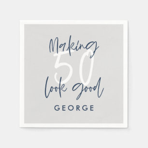 50e verjaardag moderne grijs + navy blue fotoparty servet