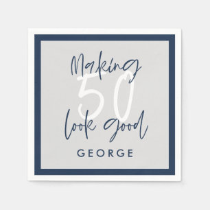 50e verjaardag moderne grijs + navy blue fotoparty servet