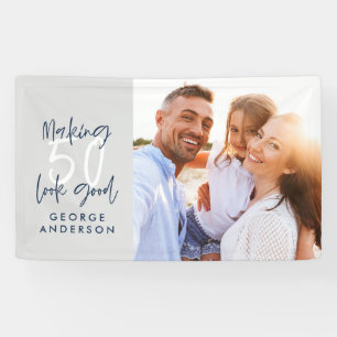 50e verjaardag moderne grijze en marinesblauwe fot spandoek