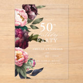 50e verjaardag Moderne Moody Bourgondië Blush Bloe Acryl Uitnodigingen (Voorkant)