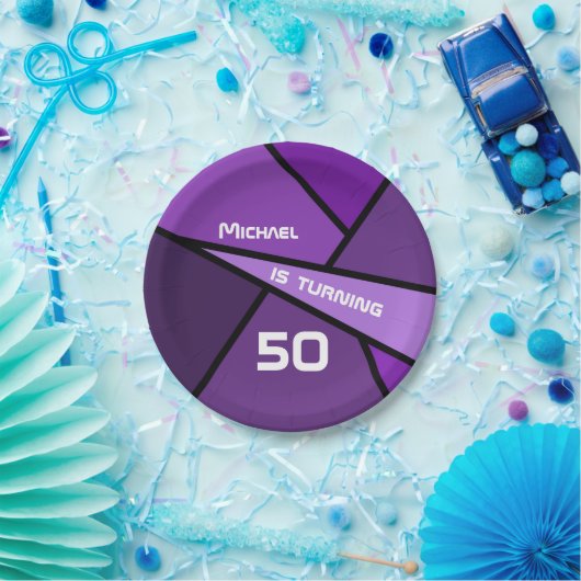 50e verjaardag Moderne Paarse geometrische vormen Papieren Bordje (Feest)