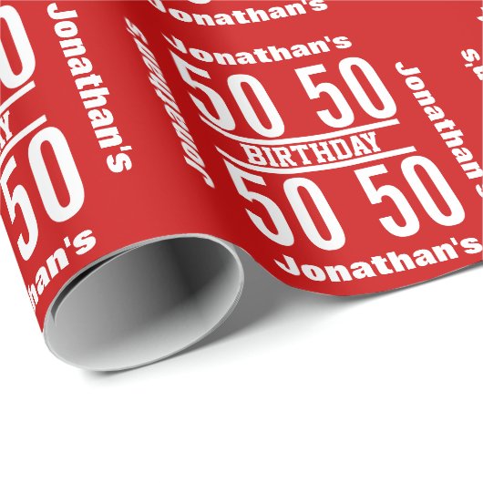 50e verjaardag Moderne tekst ontwerp rood wit R02Z Cadeaupapier (Rol Hoek)