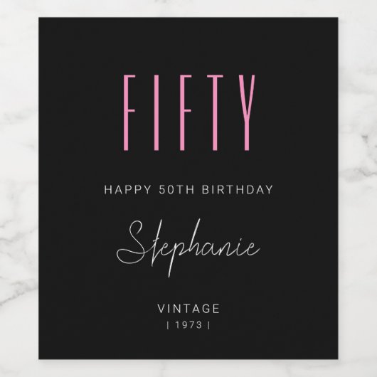 50e verjaardag Moderne Typografie Eenvoudig zwart Wijn Etiket (Enkel label)
