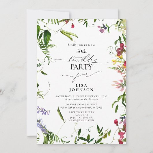 50e Verjaardag Moderne Zomer Wildflower Waterverf Kaart (Voorkant)