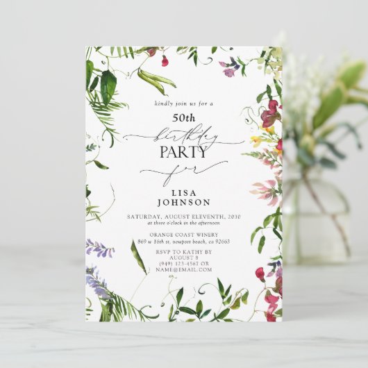 50e Verjaardag Moderne Zomer Wildflower Waterverf Kaart (Staand voorkant)