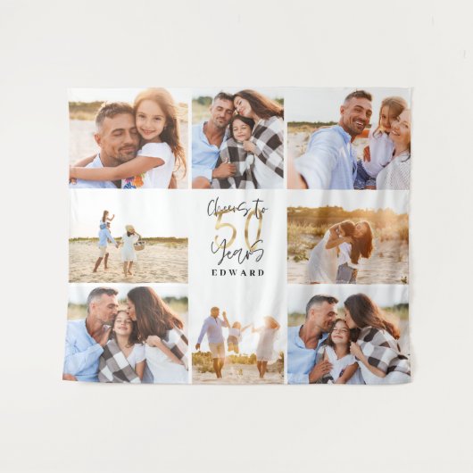 50e verjaardag moderne zwart en goud foto collage wandkleed (Voorkant (horizontaal))