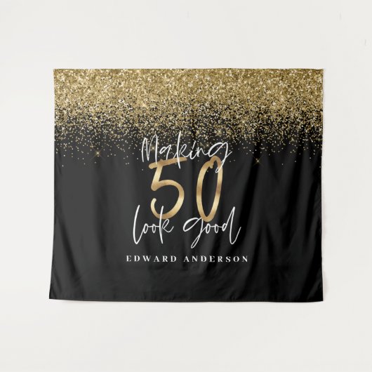 50e verjaardag moderne zwarte + gouden glitter sti wandkleed (Voorkant (horizontaal))