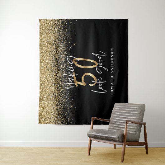 50e verjaardag moderne zwarte + gouden glitter sti wandkleed (In situ)