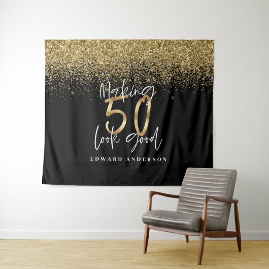 50e verjaardag moderne zwarte + gouden glitter sti wandkleed (In Situ (horizontaal))
