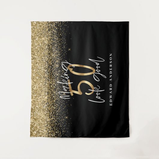50e verjaardag moderne zwarte + gouden glitter sti wandkleed (Voorkant)