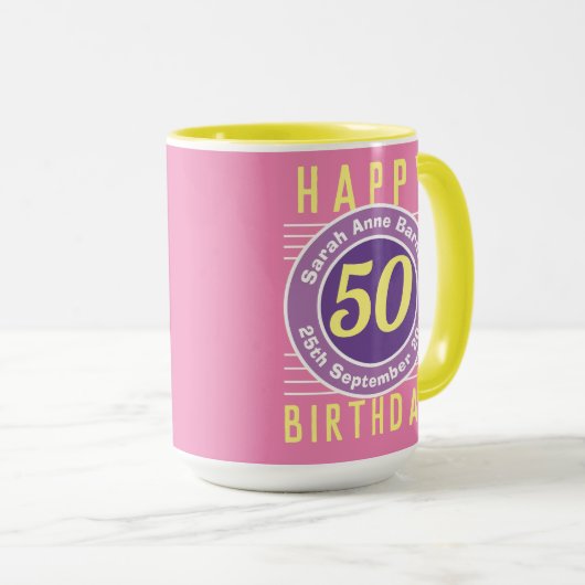 50e Verjaardag Mok met Leeftijd, Naam, & Datum (Voorkant rechts)