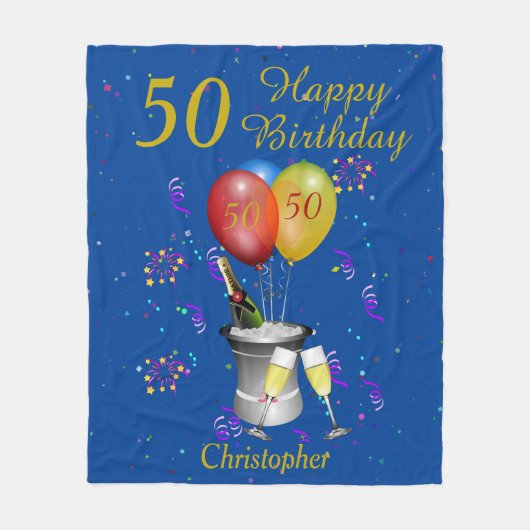 50e verjaardag Mousserende wĳn herbering blauw Fleece Deken (Voorkant)