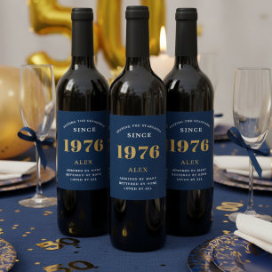 50e verjaardag naam 1976 Blauw goud Elegant Chic Wijn Etiket