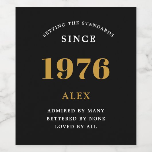 50e verjaardag naam 1976 zwart goud elegante Chic Wijn Etiket (Enkel label)