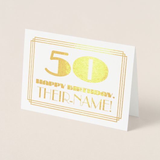 50e verjaardag; naam + Art Deco Geïnspireerd om "5 Folie Kaarten (Voorkant)