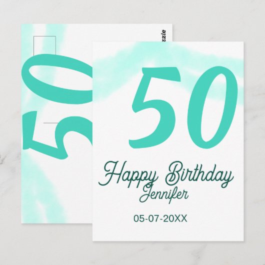 50e verjaardag naam datum jaar groene pastel vet briefkaart (Voorkant / Achterkant)