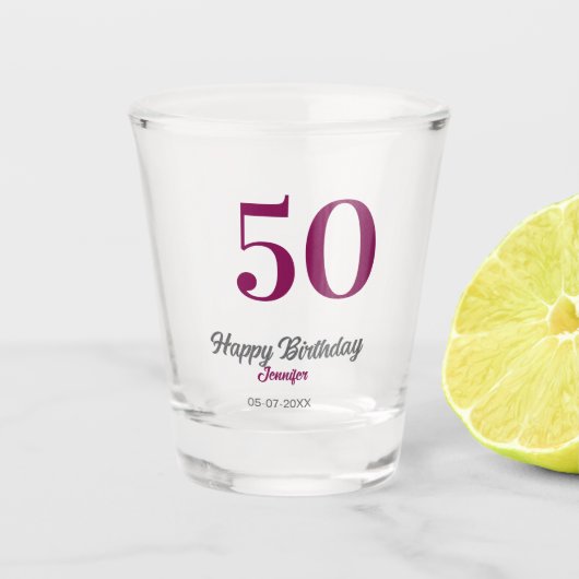 50e verjaardag naam datum jaar mauve sjabloon shot glas (Voorkant)