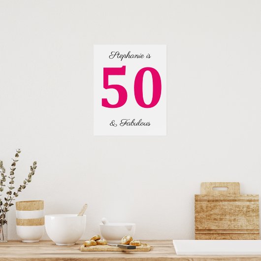 50e verjaardag naam Fuchsia roze vijftig en fantas Poster (Keuken)