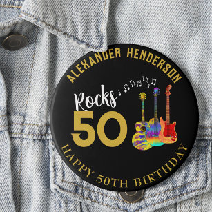 50e verjaardag naam gitaren muziek rock 50 ronde button 4,0 cm