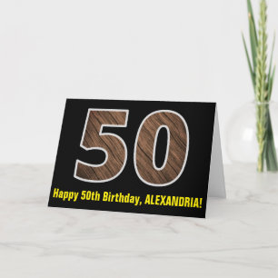 50e verjaardag: naam + nep houtnerfpatroon "50" kaart