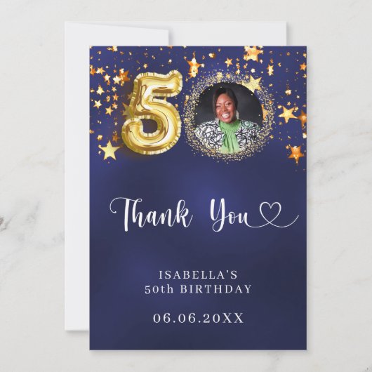 50e verjaardag navy blauw goud sterren foto bedankkaart (Voorkant)