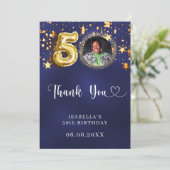 50e verjaardag navy blauw goud sterren foto bedankkaart (Staand voorkant)