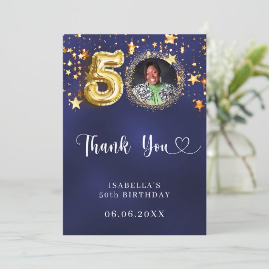 50e verjaardag navy blauw goud sterren foto bedankkaart (Staand voorkant)