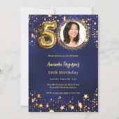 50e verjaardag navy blauw goud sterren foto kaart (Voorkant)