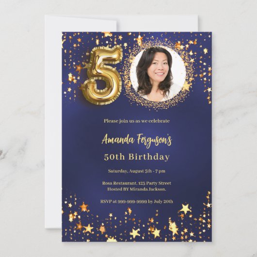 50e verjaardag navy blauw goud sterren foto kaart (Voorkant)