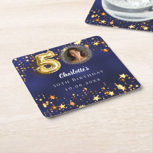 50e verjaardag navy blauw goud sterren foto kartonnen onderzetters (Schuin)