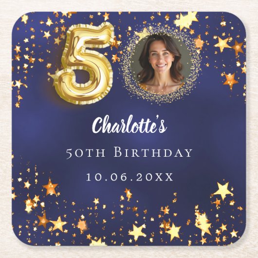 50e verjaardag navy blauw goud sterren foto kartonnen onderzetters (Voorkant)