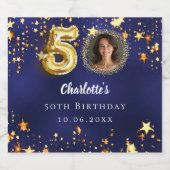 50e verjaardag navy blauw goud sterren foto sparkling wijnetiket (Enkel label)