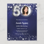 50e verjaardag navy blauw zilver foto uitnodiging (Voorkant)