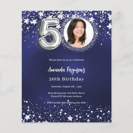 50e verjaardag navy blauw zilver foto uitnodiging (Voorkant)