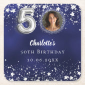 50e verjaardag navy blauw zilveren sterren foto kartonnen onderzetters (Voorkant)