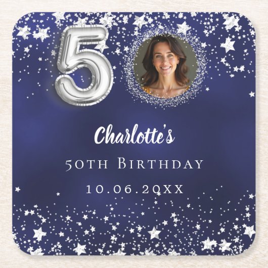 50e verjaardag navy blauw zilveren sterren foto kartonnen onderzetters (Voorkant)