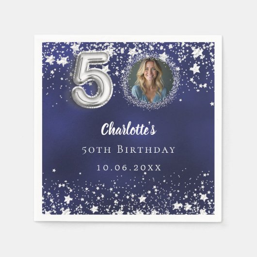 50e verjaardag navy blauw zilveren sterren foto servet (Voorkant)