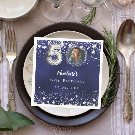 50e verjaardag navy blauw zilveren sterren foto servet