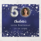 50e verjaardag navy blauw zilveren sterren foto sparkling wijnetiket (Enkel label)