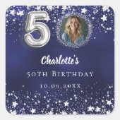 50e verjaardag navy blauw zilveren sterren foto vierkante sticker (Voorkant)