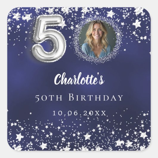 50e verjaardag navy blauw zilveren sterren foto vierkante sticker (Voorkant)