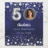 50e verjaardag navy blauw zilveren sterren foto wijn etiket (Enkel label)