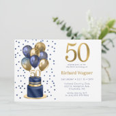 50e verjaardag Navy Blue Balloon Cake Kaart (Staand voorkant)