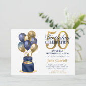 50e verjaardag Navy Blue Balloon Cake Kaart (Staand voorkant)
