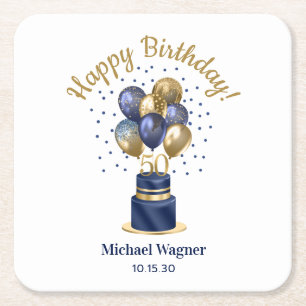 50e verjaardag Navy Blue Balloon Cake Kartonnen Onderzetters