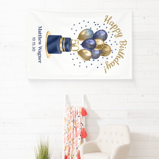 50e verjaardag Navy Blue Balloon Cake Spandoek (Insitu)